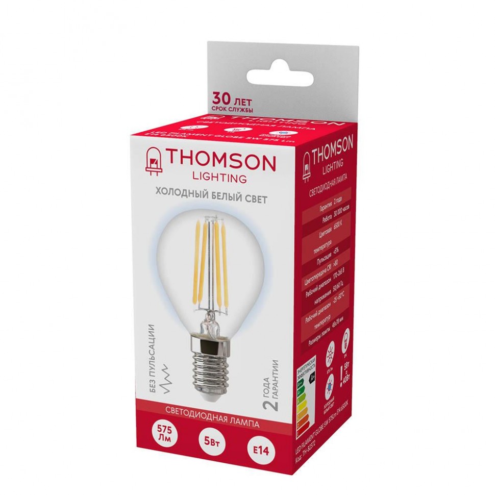 Лампа светодиодная филаментная Thomson E14 5W 6500K шар прозрачная TH-B2372
