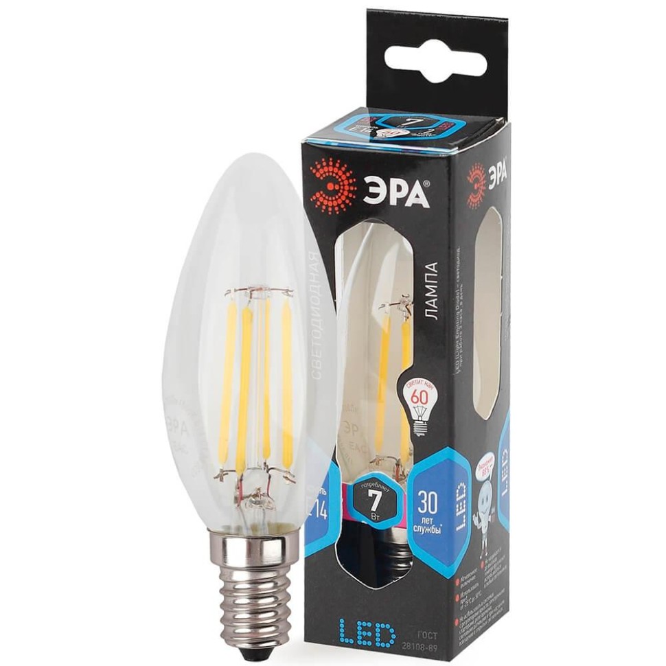 Лампа светодиодная филаментная ЭРА E14 7W 4000K прозрачная F-LED B35-7W-840-E14 Б0027943