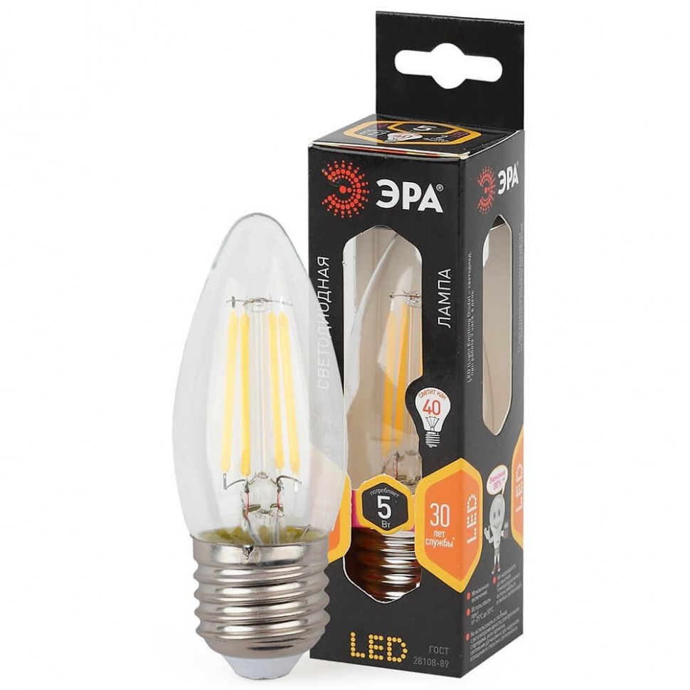 Лампа светодиодная филаментная ЭРА E27 5W 2700K прозрачная F-LED B35-5W-827-E27 Б0027933
