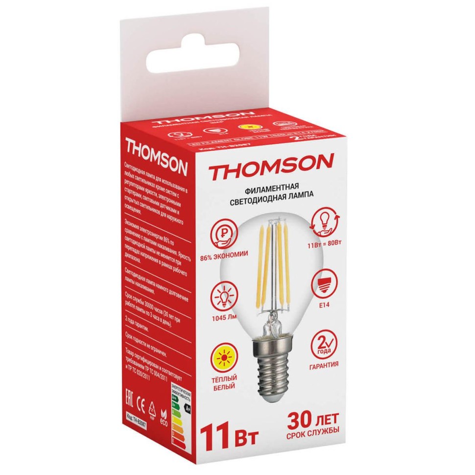 Лампа светодиодная филаментная Thomson E14 11W 2700K шар прозрачная TH-B2087