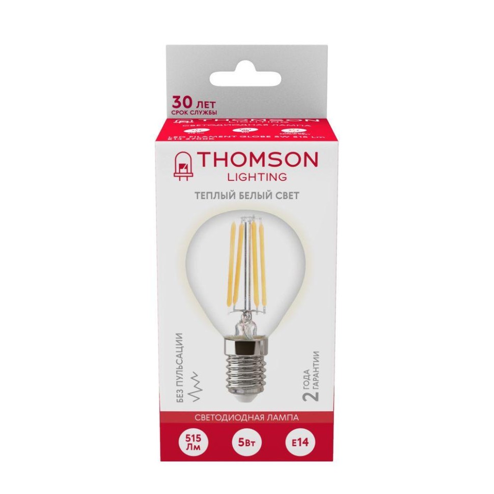Лампа светодиодная филаментная Thomson E14 5W 2700K шар прозрачная TH-B2081