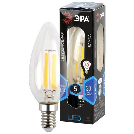 Лампа светодиодная филаментная ЭРА E14 5W 4000K прозрачная F-LED B35-5W-840-E14 Б0019003