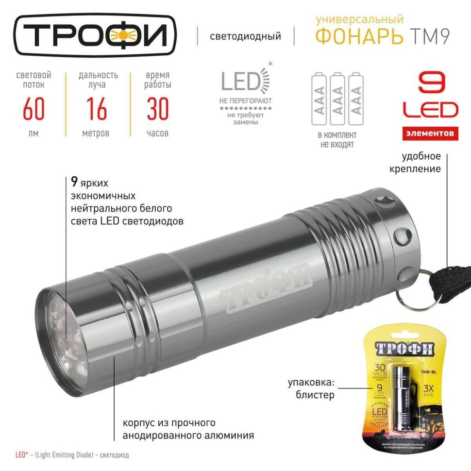 Карманный светодиодный фонарь ЭРА Трофи от батареек 85х23 60 лм TM9-BL Б0016864