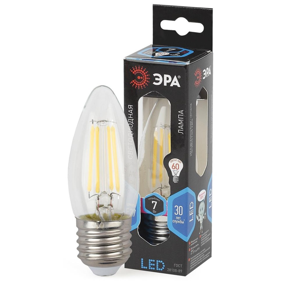 Лампа светодиодная филаментная ЭРА E27 7W 4000K прозрачная F-LED B35-7W-840-E27 Б0027951