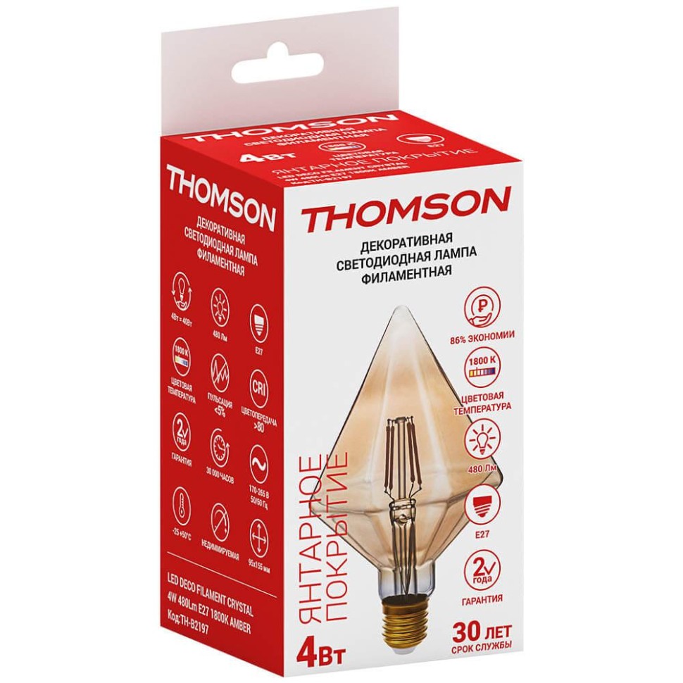 Лампа светодиодная филаментная Thomson E27 4W 1800K бриллиант прозрачная TH-B2198