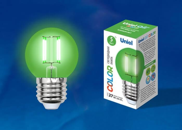 Лампа светодиодная филаментная Uniel E27 5W зеленая LED-G45-5W/GREEN/E27 GLA02GR UL-00002988