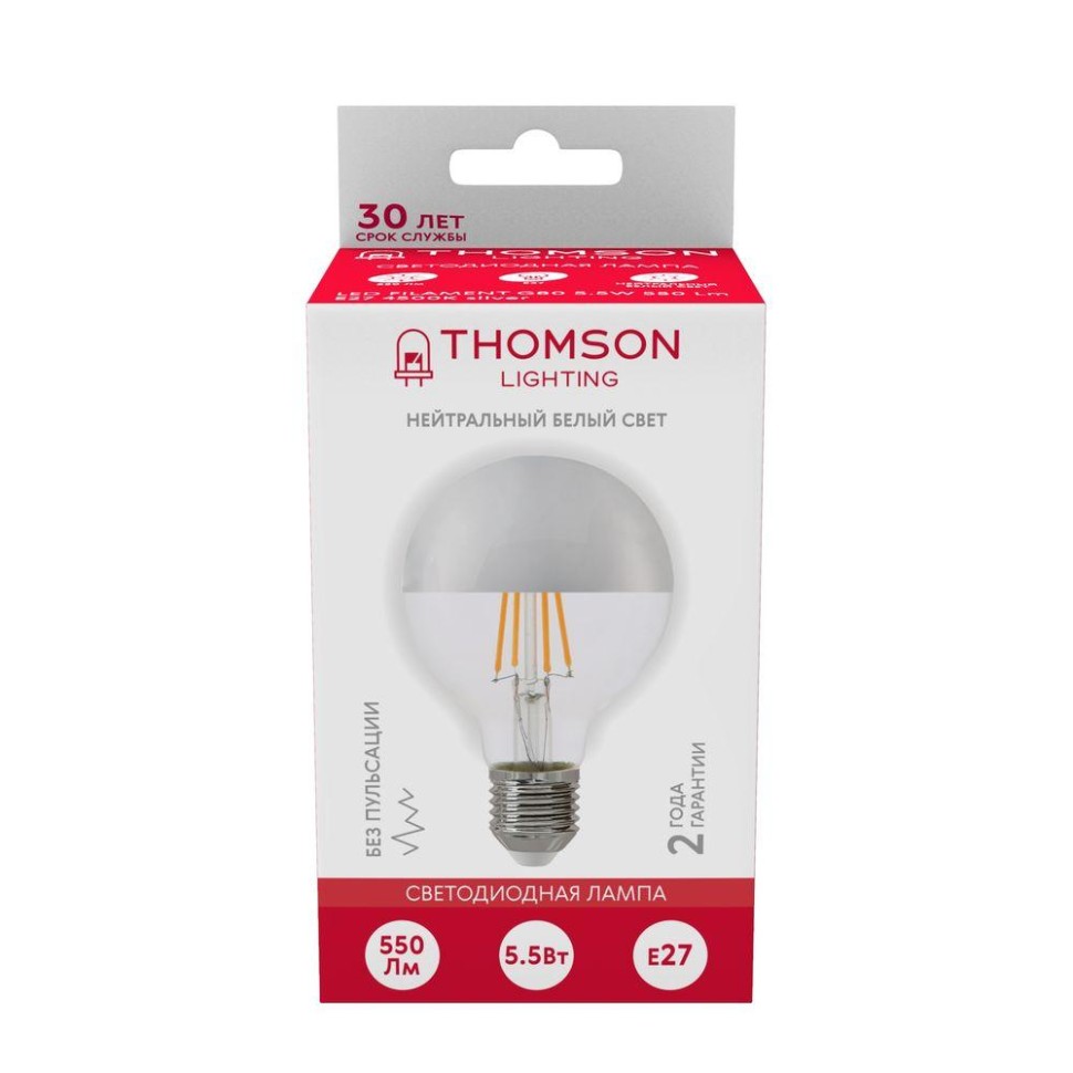 Лампа светодиодная филаментная Thomson E27 5,5W 4500K шар прозрачная TH-B2377